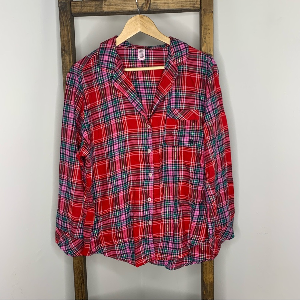Victoria Secret Red Plaid Button-Up Sleep Shirt M